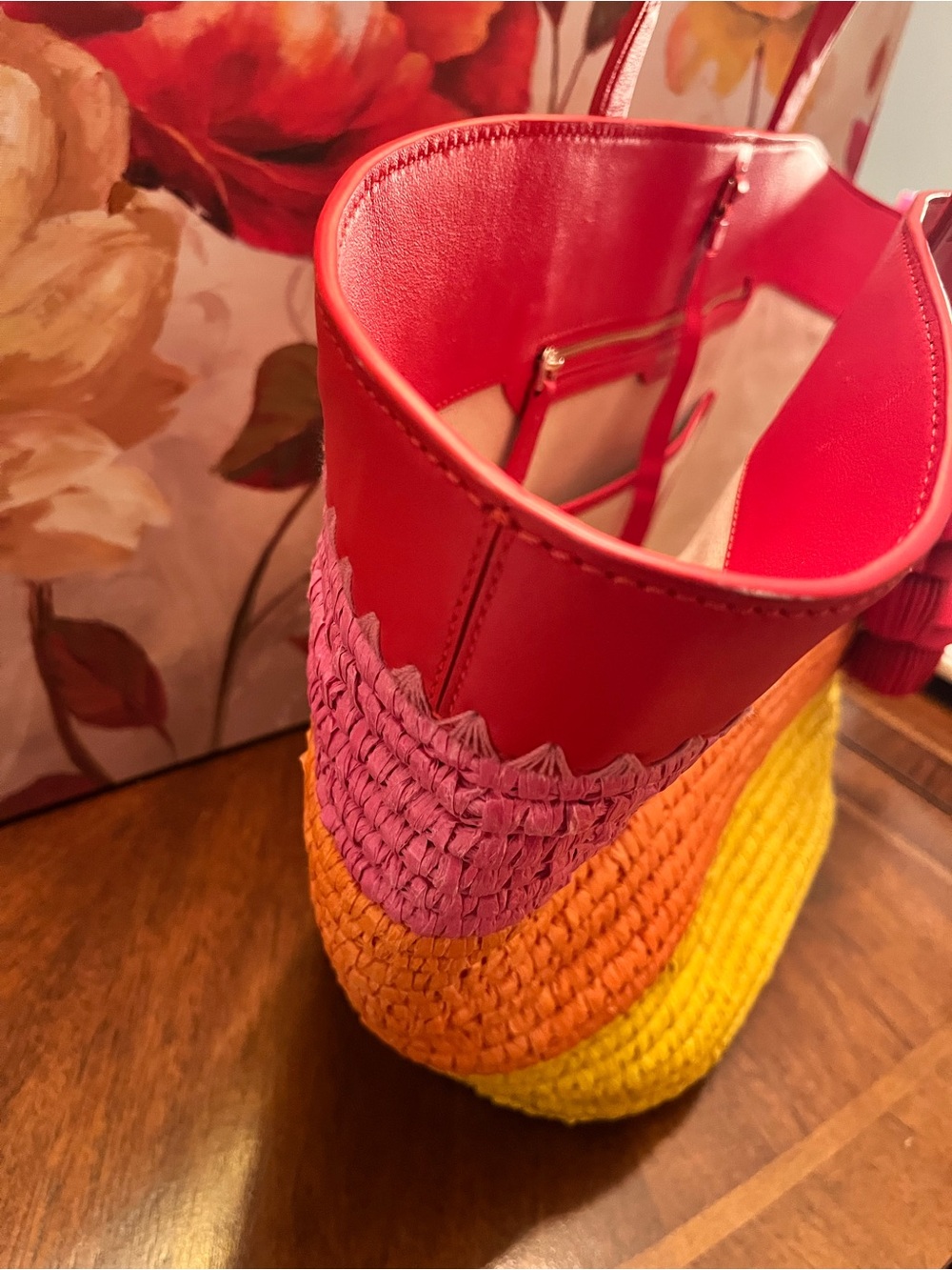 Kate Spade Pier Striped Straw Medium Tote in Pink, Orange & Yellow w/Tassel - Picture 7 of 17